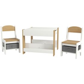 Qaba 3PC Children's Table and Chairs Set, Kids Table and Chair with Reversible Desktop, Storage, Bookshelves, Natural Wood